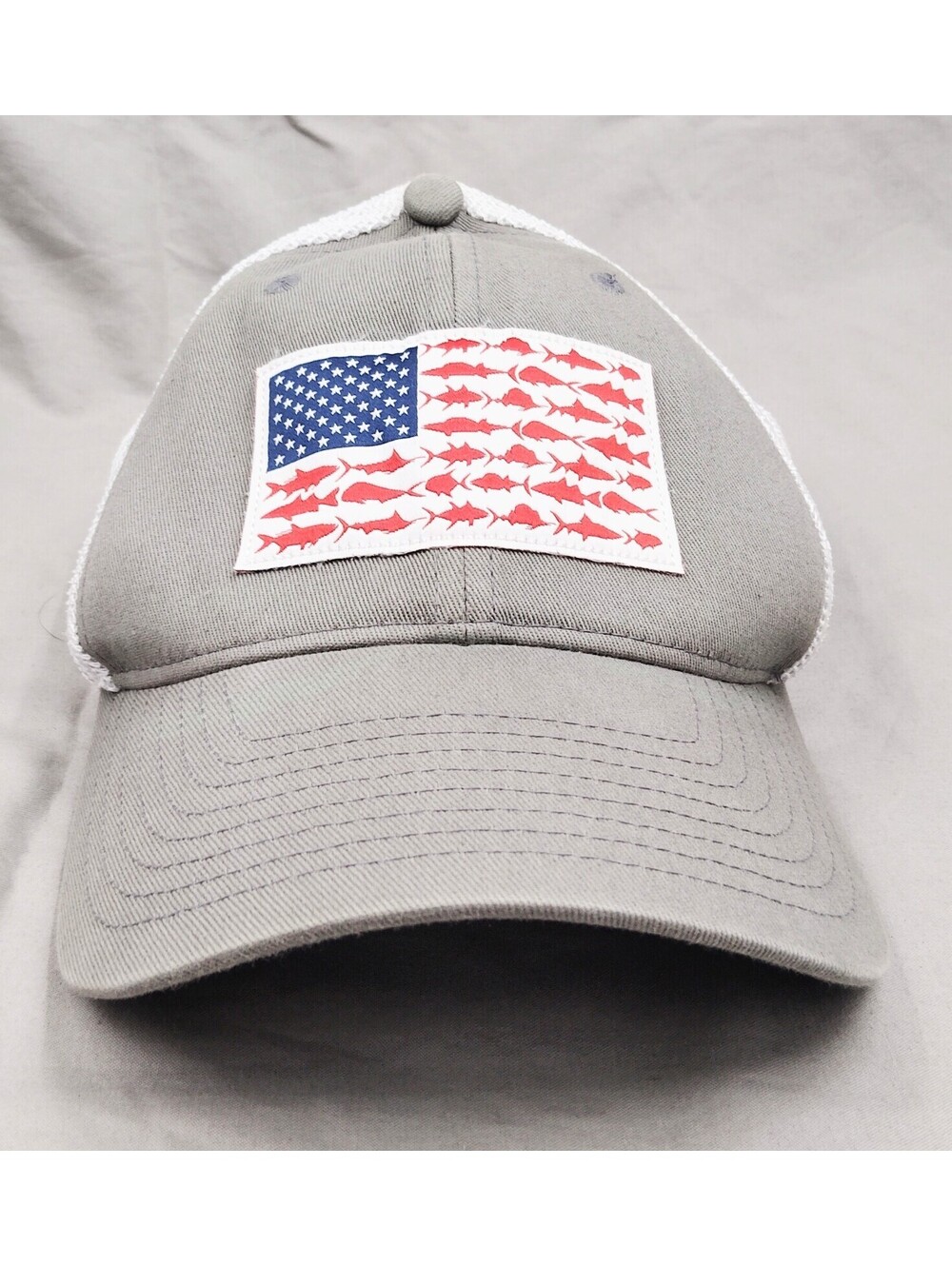 Columbia PFG Fish Flag Hat Gray White Mesh Flexfit Fishing Cap L/XL USA